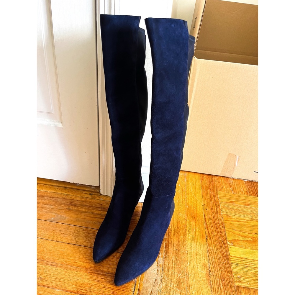 Stuart Weitzman, two-tone navy suede at front & black elastic back, wedge